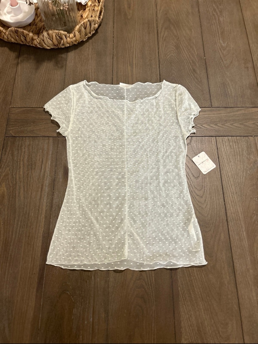 Free People White Sheer Swiss Dot Short Sleeve Camisole